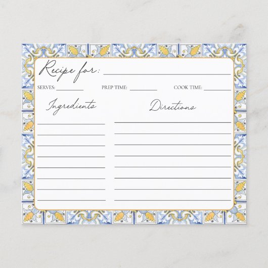 黄地中海の色の青いタイルのファミリレシピカード (正面)