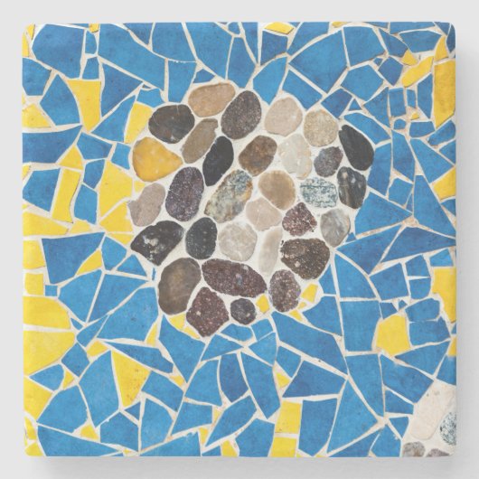 黄地中海の色の青いタイルの破片モザイク ストーンコースター (正面)
