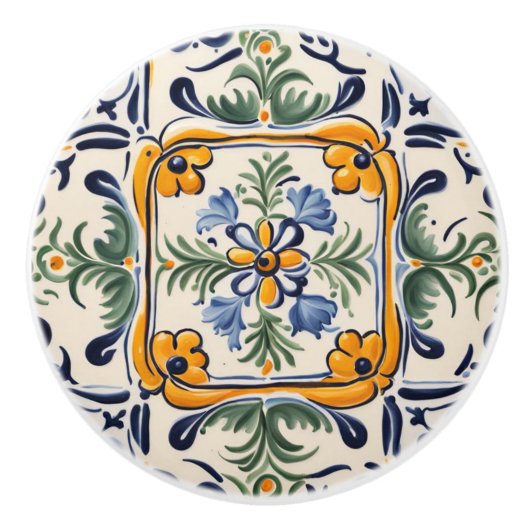 黄地中海の色&ブルーフラワーフォークアートフローラ セラミックノブ (正面)