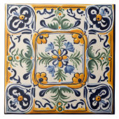 黄地中海の色&ブルーフラワーフォークアートフローラ タイル (正面)