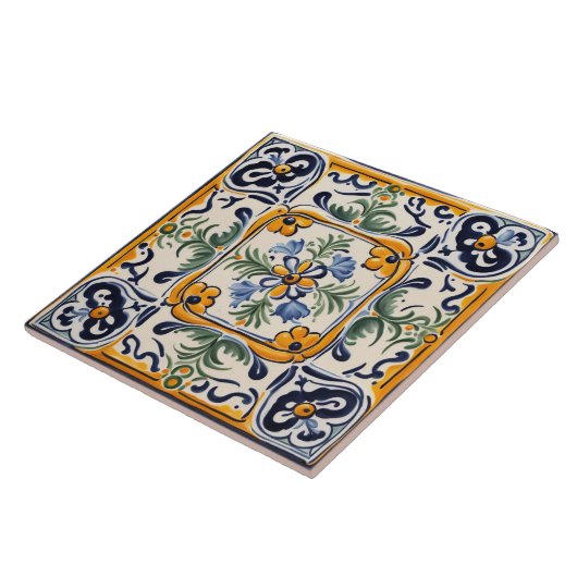 黄地中海の色&ブルーフラワーフォークアートフローラ タイル (側面)