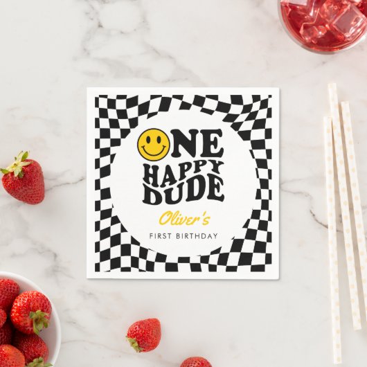 黄市松模様にスマイル顔1歳の誕生日カスタム スタンダードカクテルナプキン (インサイチュ)