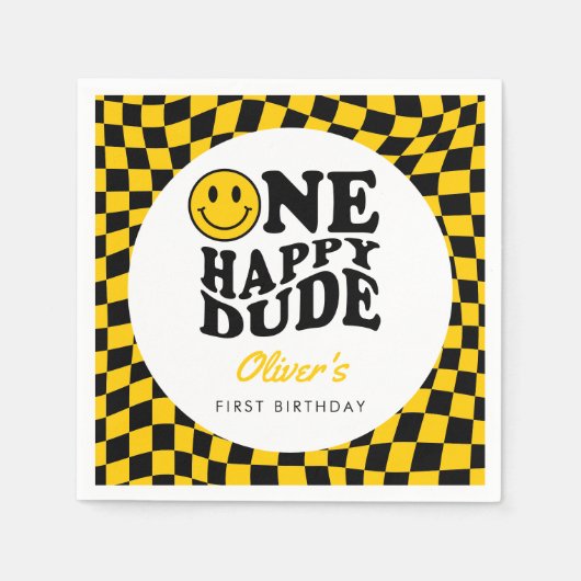 黄市松模様にスマイル顔1歳カスタム誕生日 スタンダードカクテルナプキン (正面)