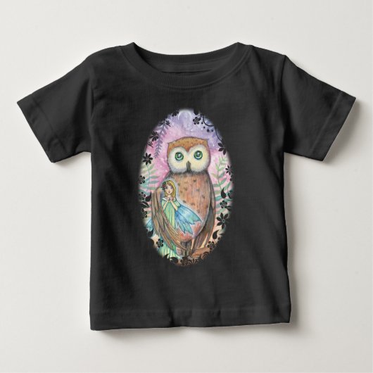 黄昏の仲間たち フクロウと妖精のルームウェア ベビーTシャツ (正面)