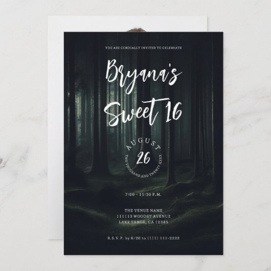黄昏の気配漂うダークでムーディーな森の木々 スイート16 招待状 (正面/裏面)