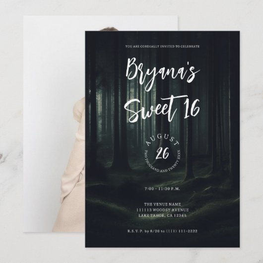 黄昏の気配漂うダークムーディーな森の木々 Sweet 16 招待状 (正面/裏面)