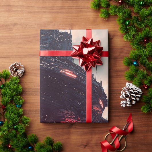黄昏の雲上の未来的なプラットフォーム ラッピングペーパー (クリスマスギフト)