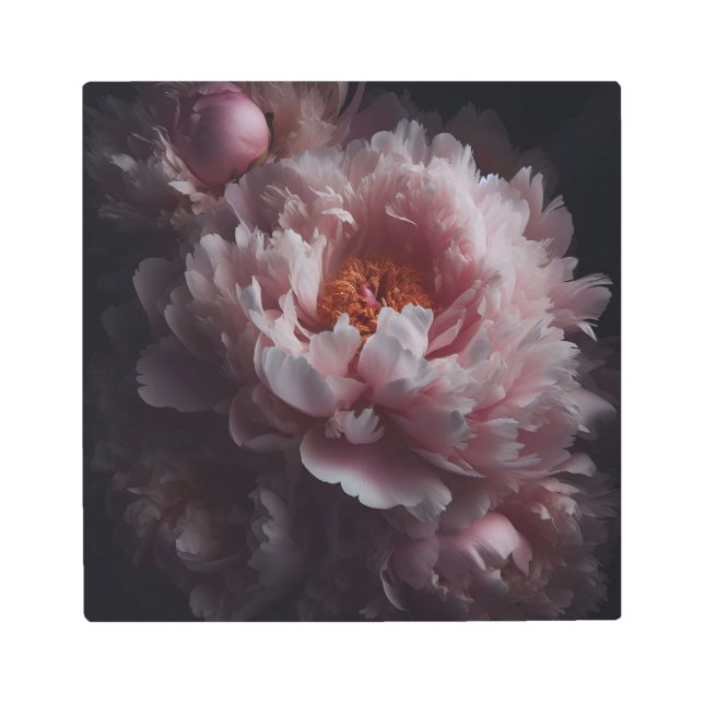 黄昏の魅惑的な牡丹の花びらの踊り メタルプリント (正面)