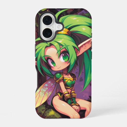 黄昏時のちび森の妖精 — エメラルドの翼 iPhone 16ケース (裏面)