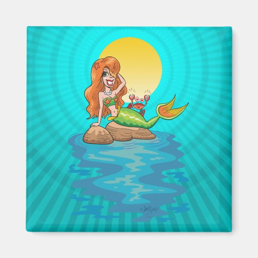 黄月の下の友人と岩の上の人魚 マグネット (正面)