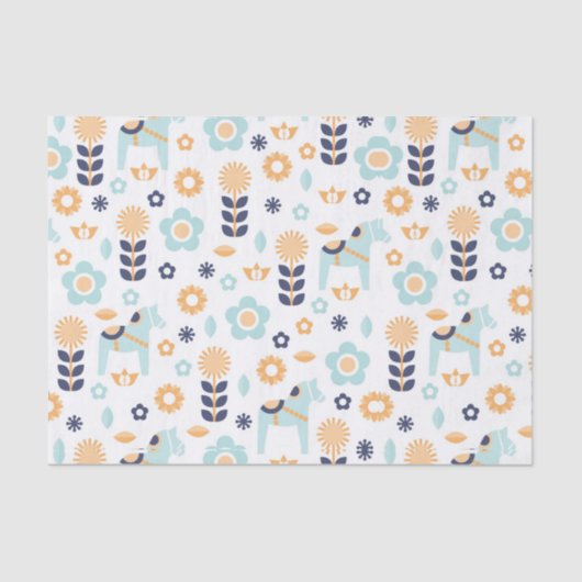 黄橙色の青いスカンジナビアの民芸パターン 薄葉紙 (正面)