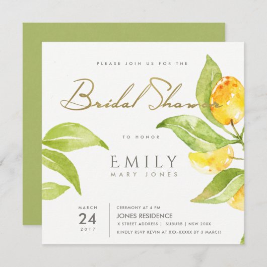黄水色紅葉オリーブブライダルシャワー 招待状 (正面/裏面)