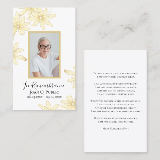 黄淡い色のデイジー花葬儀祈りの言葉 名刺 (正面/裏面)