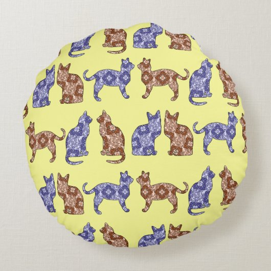 黄淡い色のペイズリー猫パターン装飾用クッション ラウンドクッション (裏面)
