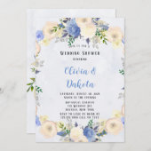 黄淡い色の塵性ブルーピーニーフローラウェディングシャワー 招待状 (正面/裏面)