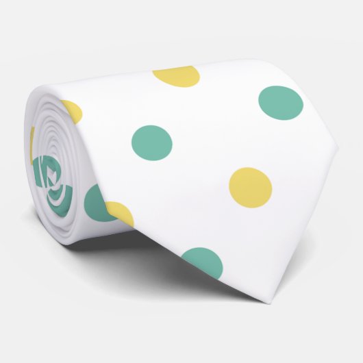 黄淡い色の色とティール(緑がかった色)緑の水玉模様 ネクタイ (ロール)