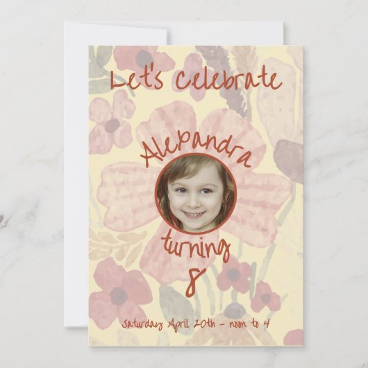 黄淡い色の色インディアン赤フローラ水カラー誕生日 招待状 (正面)