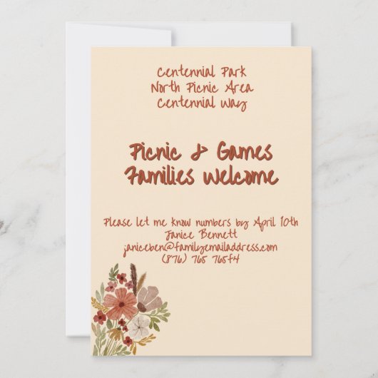 黄淡い色の色インディアン赤フローラ水カラー誕生日 招待状 (裏面)