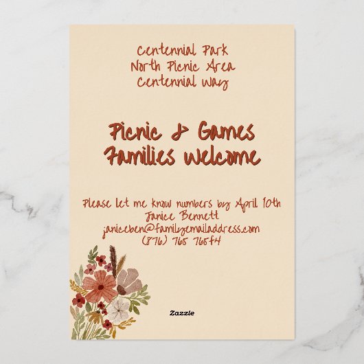 黄淡い色の色インディアン赤フローラ水カラー誕生日 箔招待状 (裏面)