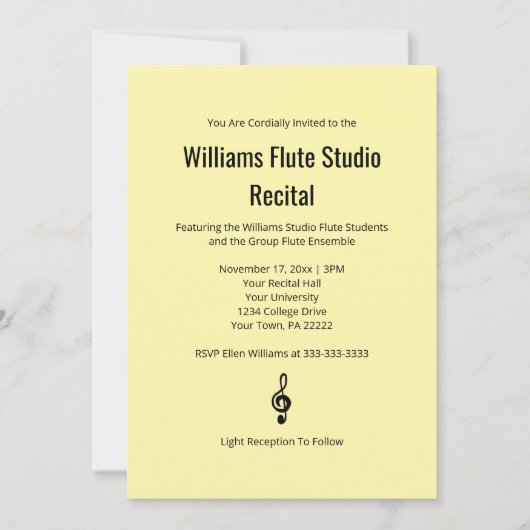 黄淡い色の色シンプルクレフ、 音符記号フルート音楽発表会 招待状 (正面)