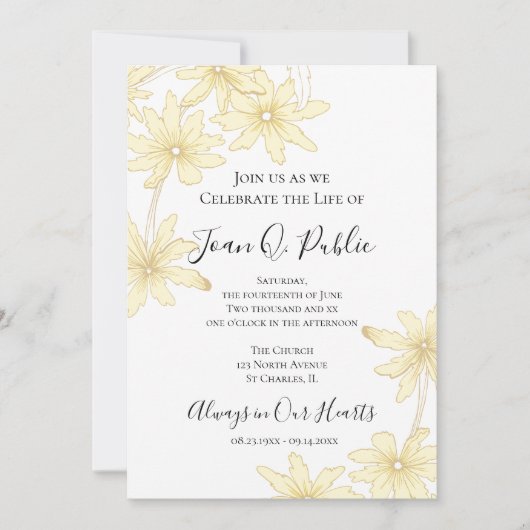 黄淡い色の色デイジーフローラお祝い 招待状 (正面)