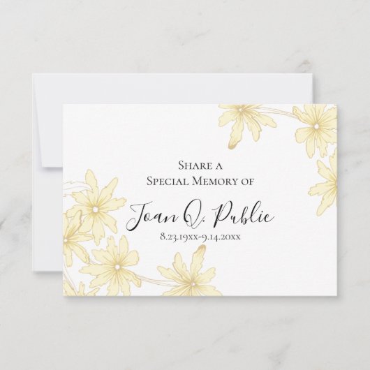 黄淡い色の色デイジー花共有A記憶葬儀 ノートカード (正面)