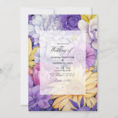 黄淡い色の色、ラベンダー、シルバーのフローラ結婚 招待状 (正面)