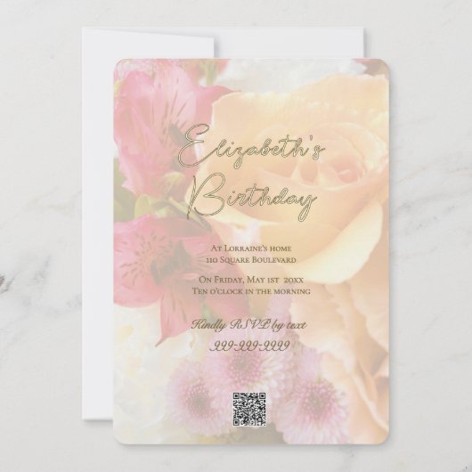 黄淡い色の薔薇の誕生日会の招待状 招待状 (裏面)