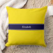 黄無地の色、ネイビーブルーリボン名モノグラム クッション (ブランケット)