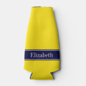 黄無地の色、ネイビーブルーリボン名モノグラム ボトルクーラー (正面)