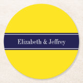 黄無地の色、ネイビーブルーリボン名モノグラム ラウンドペーパーコースター (正面)