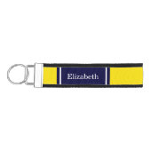 黄無地の色、ネイビーブルーリボン名モノグラム リストバンドキーホルダー (鍵左)