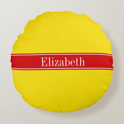 黄無地の色、赤いリボン名モノグラム ラウンドクッション (正面)