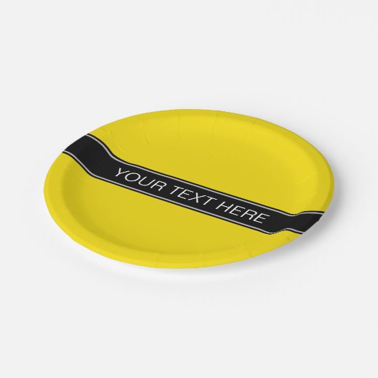 黄無地の色、黒いリボン名モノグラム ペーパープレート (アングル)