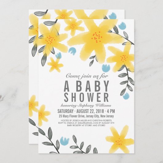 黄熱帯フローラベビーシャワー招待状ガール 招待状 (正面/裏面)