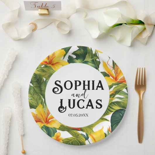 黄熱帯フローラ結婚ズ ペーパープレート (ウェディング)