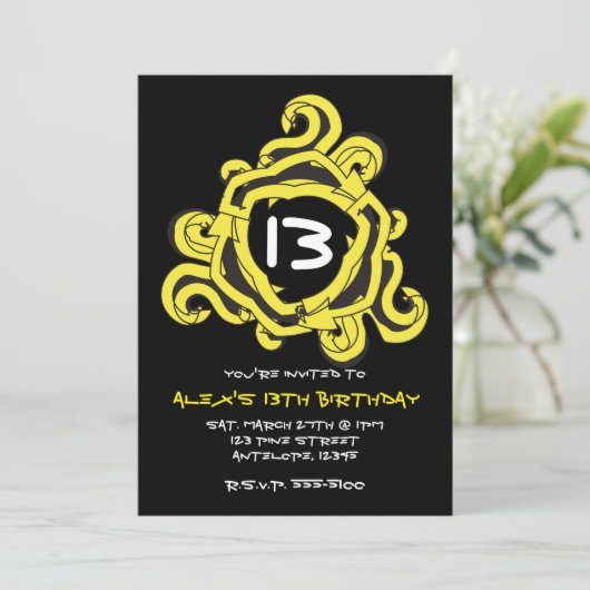 黄熱狂する色と黒の矢印誕生日招待状 招待状 (スタンド正面)