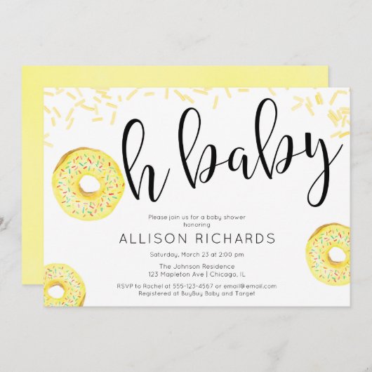 黄男女兼用色いオベビードーナツのベビーシャワー 招待状 (正面/裏面)