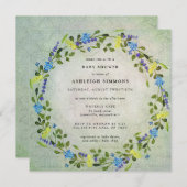 黄素朴色と青のフローラ赤ちゃんシャワー 招待状 (正面/裏面)