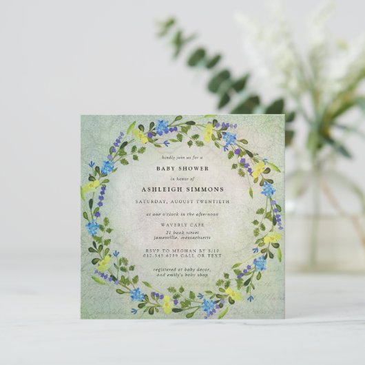 黄素朴色と青のフローラ赤ちゃんシャワー 招待状 (スタンド正面)