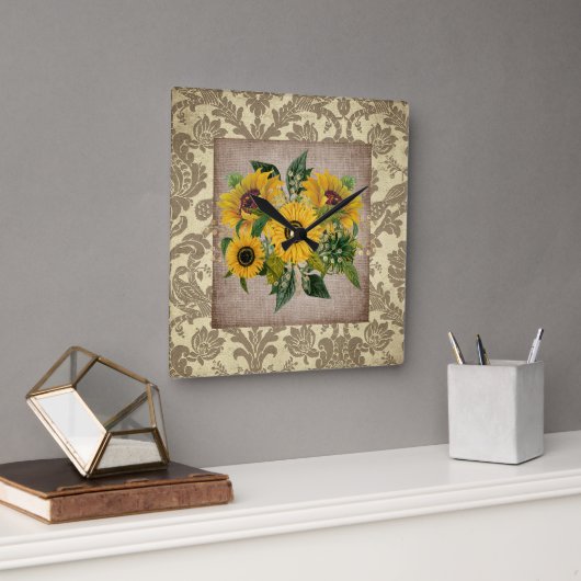 黄素朴色ひまわりバーラップヴィンテージダマスクSq スクエア壁時計 (オフィス)