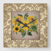 黄素朴色ひまわりバーラップヴィンテージダマスクSq スクエア壁時計 (正面)