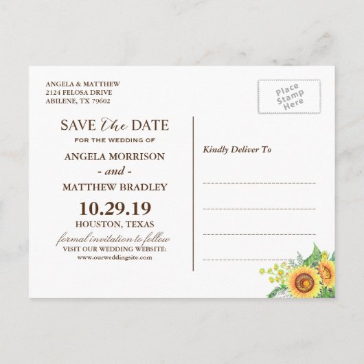 黄素朴色ひまわり結婚式の日付を保存 案内ポストカード (裏面)