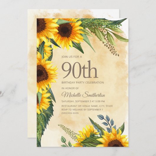 黄素朴色ひまわり90誕生日 招待状 (正面/裏面)