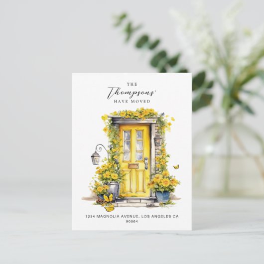 黄素朴色フローラドア引っ越しました移動 案内ポストカード (スタンド正面)