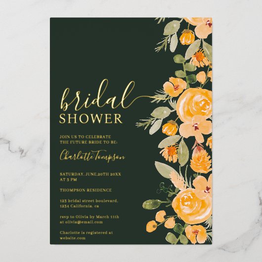 黄素朴色フローラ水色秋ブライダルシャワー 箔招待状 (正面)