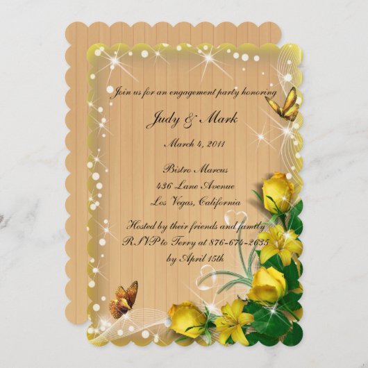 黄素朴色フローラ蝶婚約パーティ 招待状 (正面/裏面)