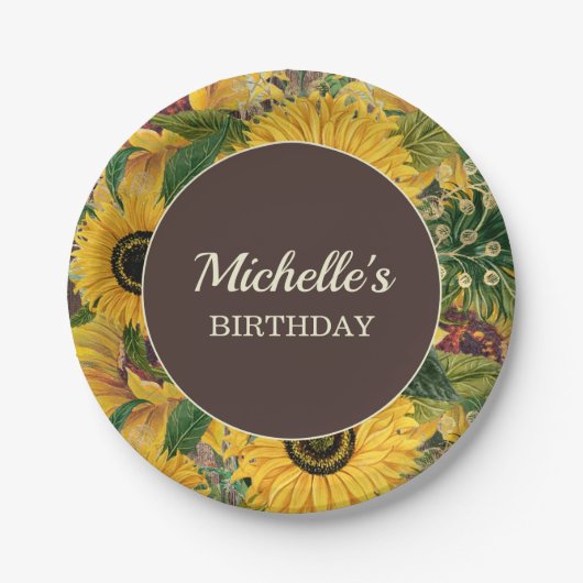 黄素朴褐色ひまわり誕生日パーティー ペーパープレート (正面)