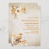 黄素朴鳥白い花100誕生日 招待状 (正面/裏面)