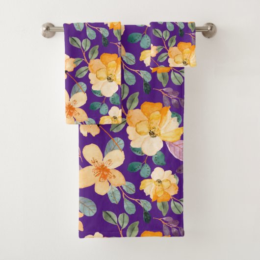黄紫色の花柄モダン バスタオルセット (インサイチュ)